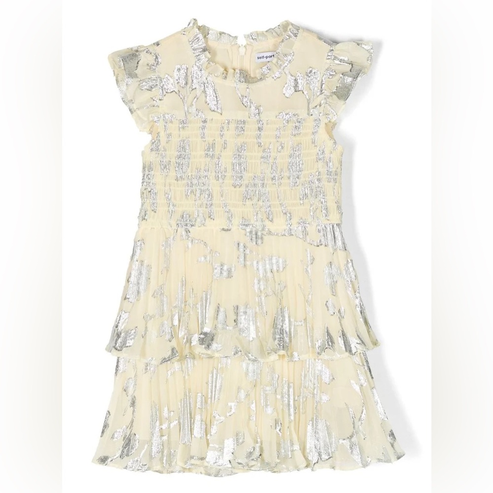 Girl’s Self-Portrait Metallic Jacquard Tiered Dress - size 7/8